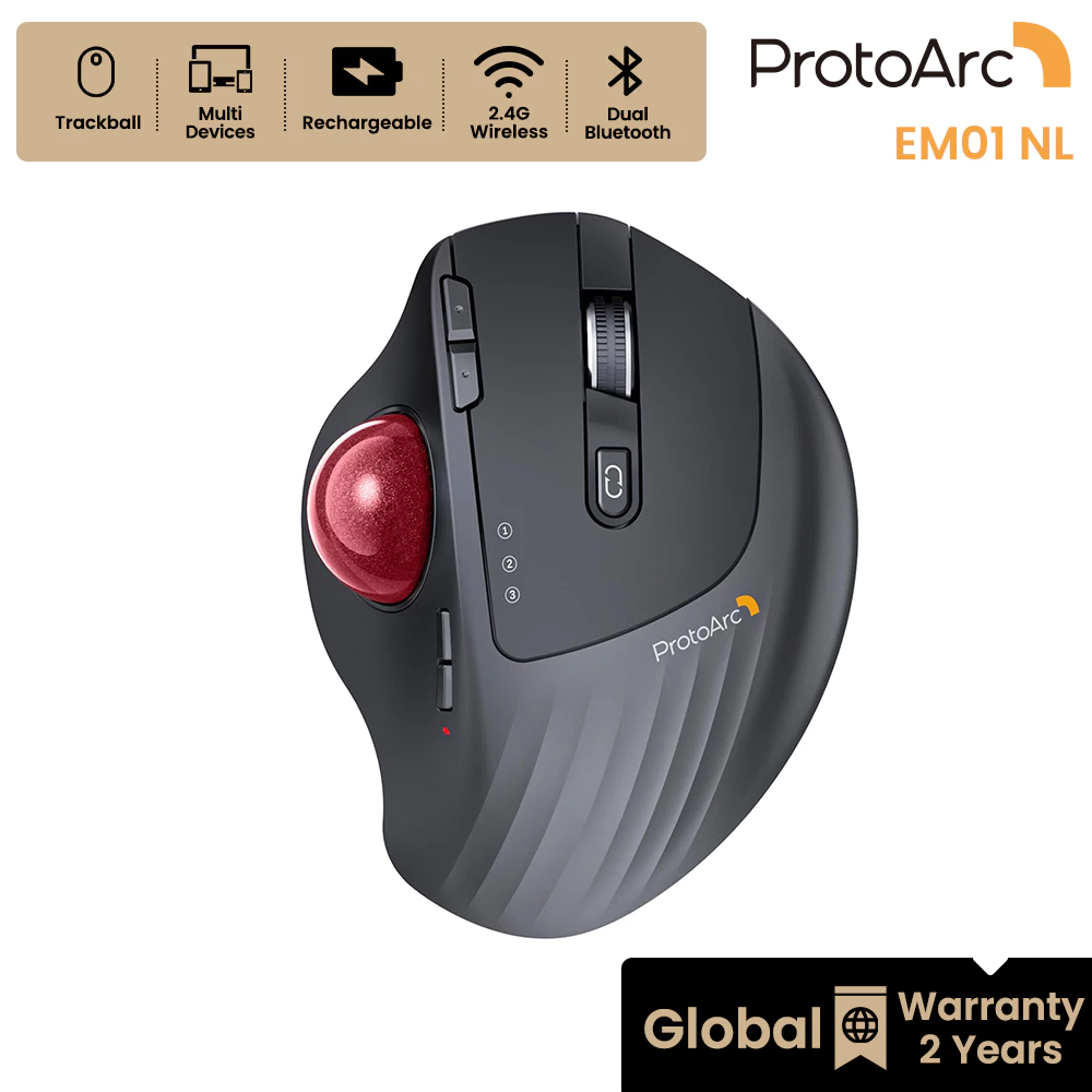 ProtoArc EM01 NL เมาส์แทร็กบอล ไร้สาย 2.4G + Bluetooth คู่ ชาร์จได้ รับประกันทั่วโลก 2 ปี