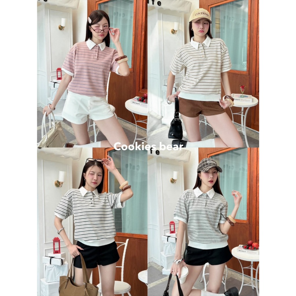 เสื้อเชิ้ตโปโลแขนสั้นลายทาง ทรงโอเวอร์ไซส์ แต่งปกขอบแขน น่ารัก ใส่สบายมาก