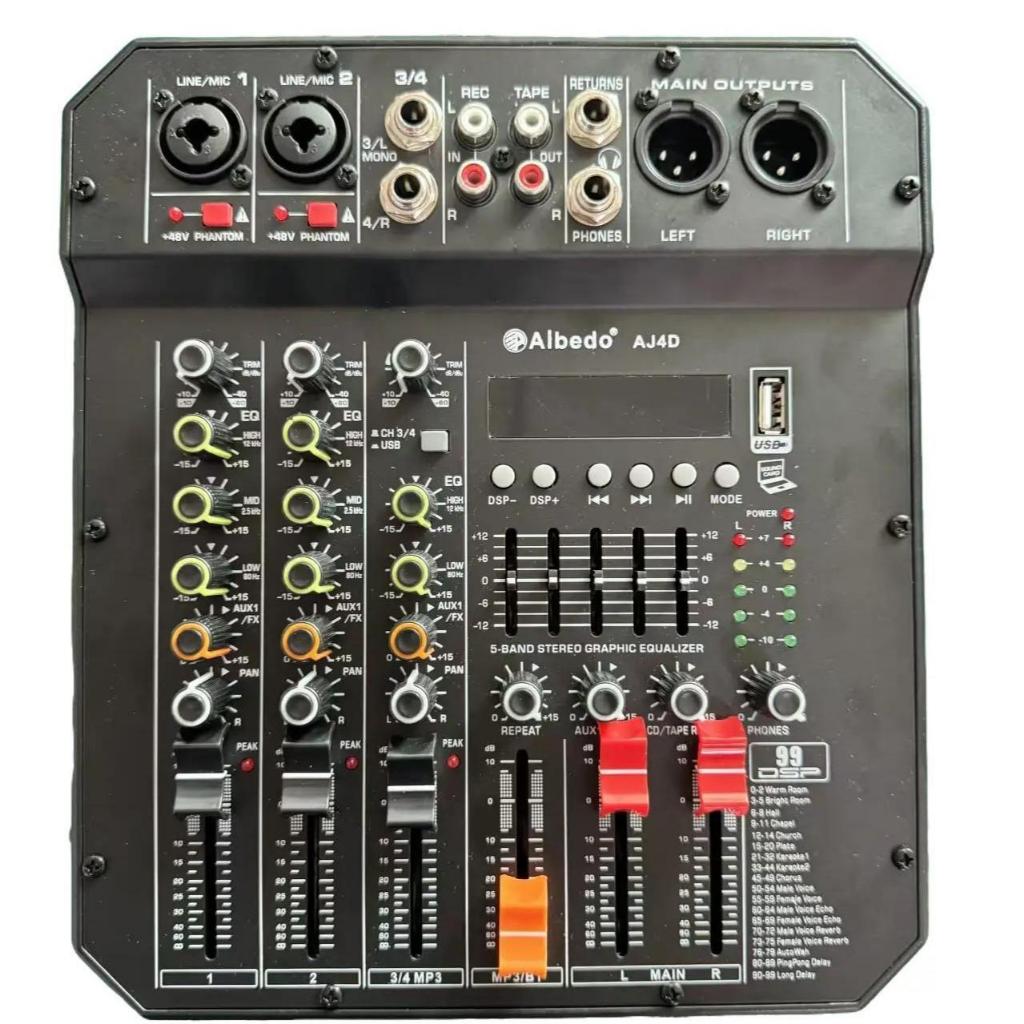 มิกเซอร์ 4 ช่องสัญญาณ Albedo AJ-4CH มีเครื่องขยายเสียง กำลังขับ 200W + 200W, 99DSP, การเชื่อมต่อ Blu