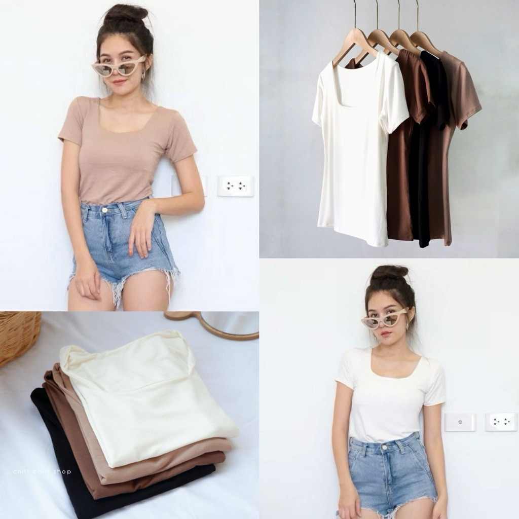 เสื้อคอเหลี่ยมแขนสั้น ผ้าเรย่อนเนื้อนุ่มเด้ง (ไม่บาง)