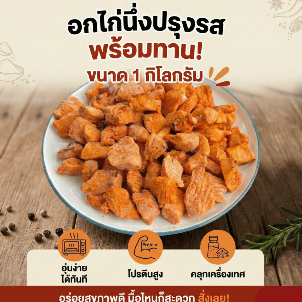 อกไก่นึ่งปรุงรส พร้อมทาน 1kg สูตรคลุกเครื่องเทศ นุ่มละมุน ไม่แห้ง อกไก่ลดน้ำหนัก โปรตีนสูง ไขมันต่ำ