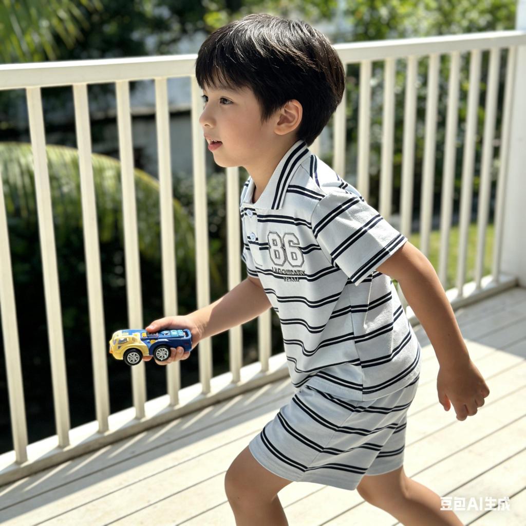 【COD】SUNKIDS ชุดเด็กผู้ชาย โปโลแขนสั้นลายขีด – สีขาวดำ/น้ำเงินขาว，ติดลายตัวเลขสวยงาม，กับกางเกงขาสั้นสวมสบาย。ผ้าเนื้ออ่อน ราคา ถูกที่สุด ดีลบีเคเค แกลเลอรีภาพที่ 4