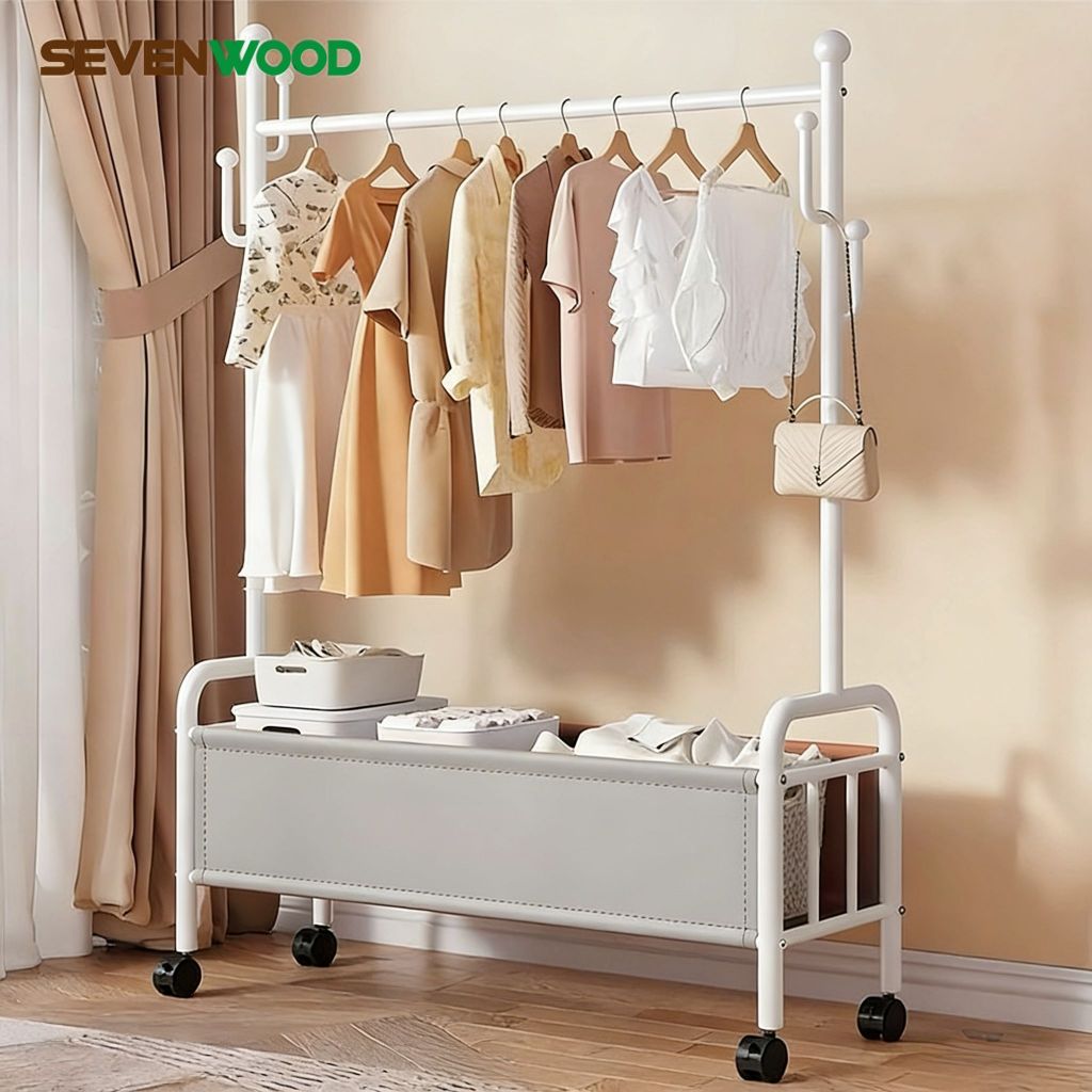 SEVENWOOD ราวตากผ้า ที่แขวนหมวก ราวแขวนผ้า อเนกประสงค์ มีชั้นวาง รับน้ำหนักได้มาก ดีไซน์เรียบง่าย ติดตั้งง่าย มีล้อ