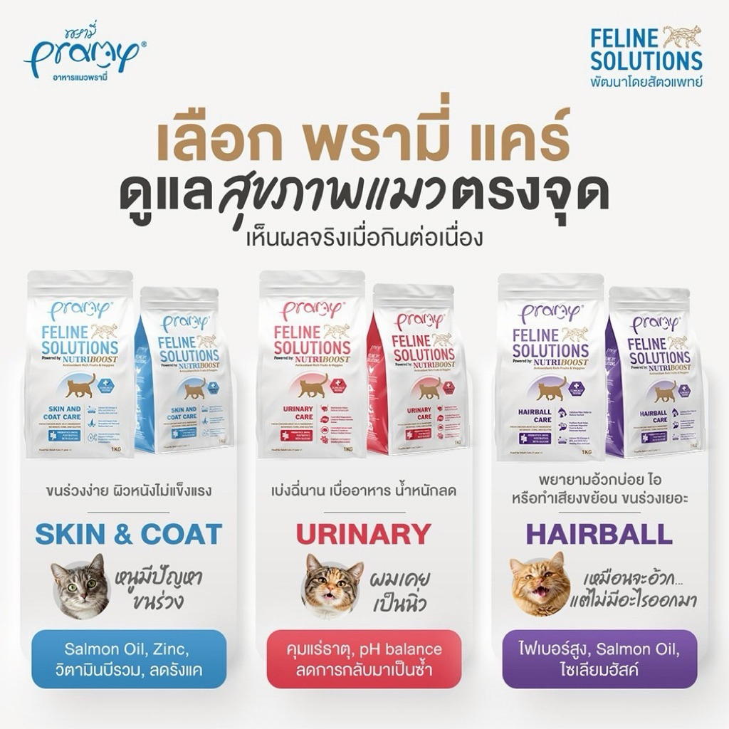 Pramy แมว Feline Solution 5.5 kg อาหารแมว3สูตร urinary-skin&coat-hairball แก้ปัญหาเฉพาะจุด นิ่วแมว-ผ