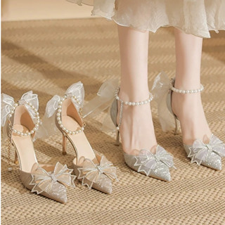 Amhher   รองเท้าส้นสูงแบบผูกโบว์หรูหราสไตล์ฝรั่งเศสสำหรับเจ้…