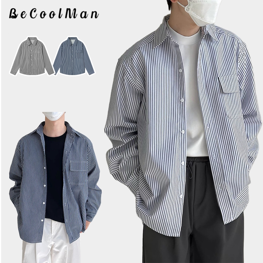 💥BecoolMan💥เสื้อเชิ้ตลายทางย้อนยุคผู้ชาย สีสันผสมผสาน คลาสสิคและเข้ากับทุกลุค ใส่สบาย ใส่ได้ทั้งชายและหญิง