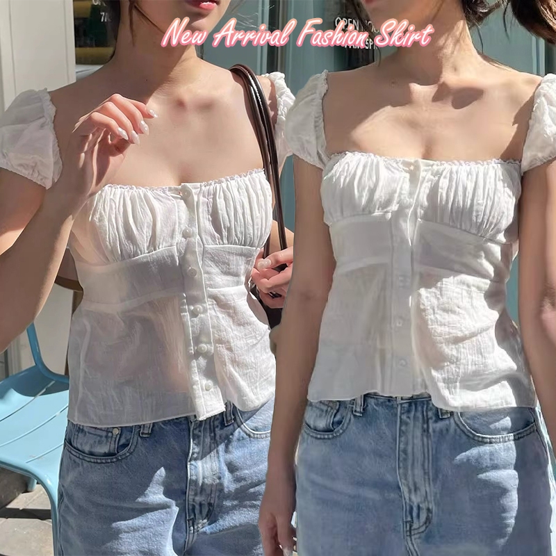 w634 เสื้อเชิ้ตแขนสั้นจับจีบสไตล์ฝรั่งเศส แขนเสื้อพลิ้วไหว และเอวจับจีบ ดีไซน์เพรียวเหมาะสำหรับฤดูร้อน
