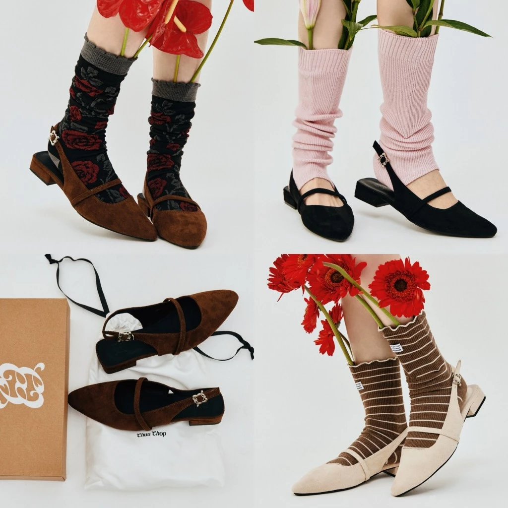 CHUUCHOP - (35-43) Ella Suede Mary Jane รองเท้าแมรี่เจนรัดส้น หัวแหลม หนังกลับ (C8451)