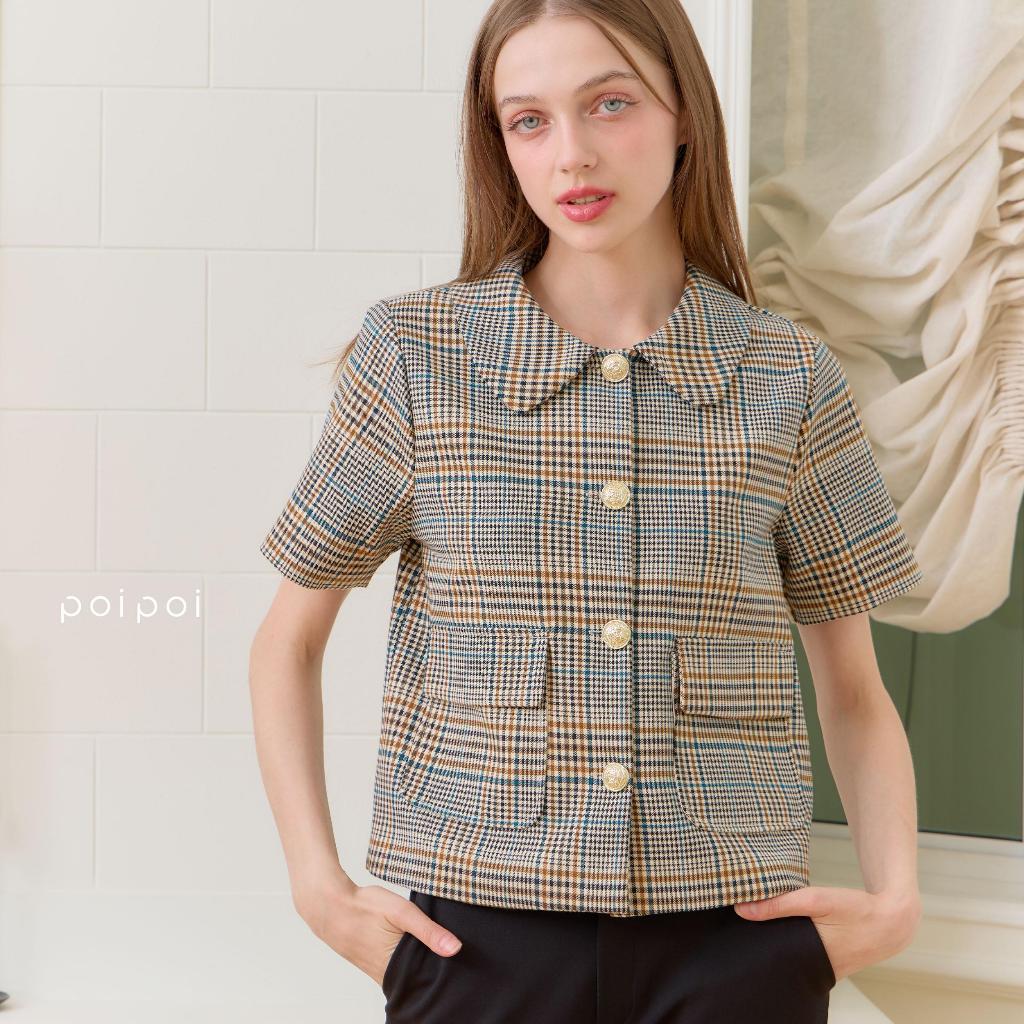 POI เสื้อเบลเซอร์ผ้าสูทคอบัวแขนสั้นลายสก็อตสีน้ำตาล รุ่น L013E6