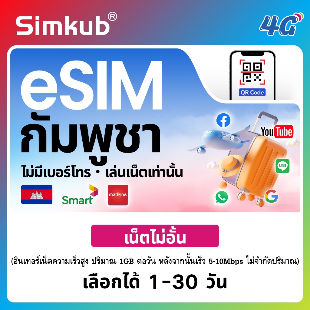 eSIM Cambodia เครือข่าย Metfone/Smart ซิมท่องเที่ยว กัมพูชา เน็ตไม่จำกัด รองรับ 4G เลือกได้ 1-30 วัน