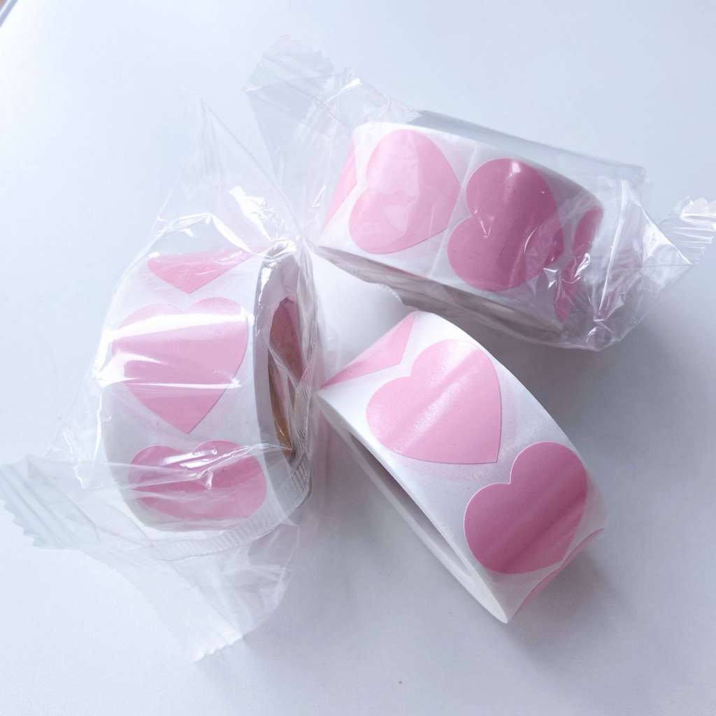 ♡  พร้อมส่ง | (1 ม้วน) Heart Sticker สติกเกอร์แบบม้วน รูปหัวใจ สีชมพู