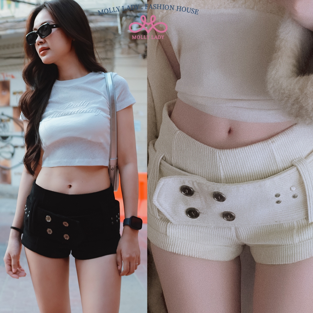 Molly Lady❤️ กางเกงขาสั้น เข็มขัดหน้าพร้อมกระดุมคู่ รุ่น “Belted Shorts”ผ้าคอร์ดูรอย