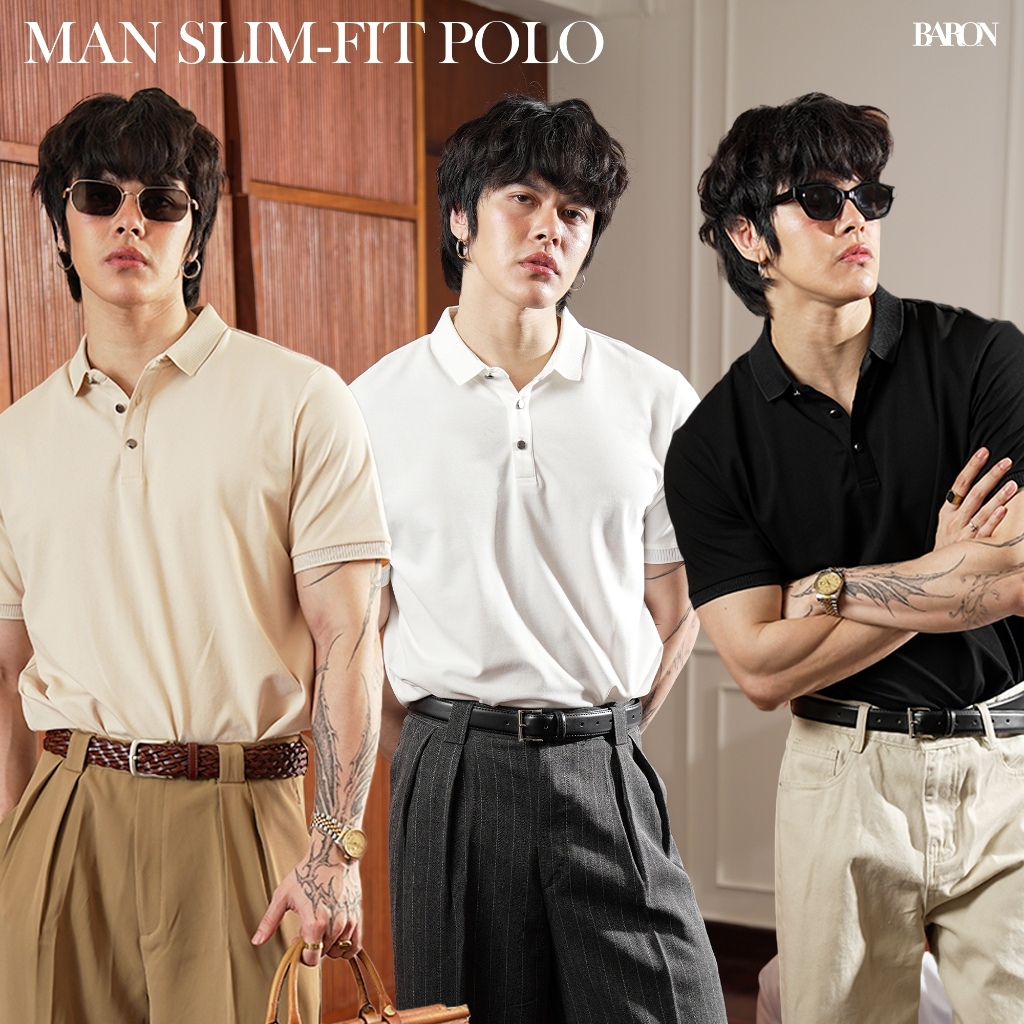 BARON Man Slim-Fit Polo เสื้อโปโลขนาดพอดีตัว ผ้ายับยาก เสื้อโปโลใส่ทำงาน เสื้อโปโลชาย