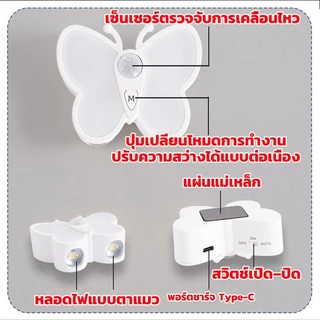 【พร้อมส่ง】ไฟเซ็นเซอร์ LED ไฟกลางคืน รูปผีเสื้อ ชาร์จ USB ปรับได้ 3 สี ไม่ต้องเจาะผนัง ไฟตาแมว โคมไฟทางเดิน ห้องนอนเด็ก