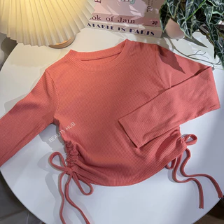 [526]เสื้อครอปคอกลม แขนยาว สายรูดข้าง ทรงสวย ผ้าร่องใส่สบาย