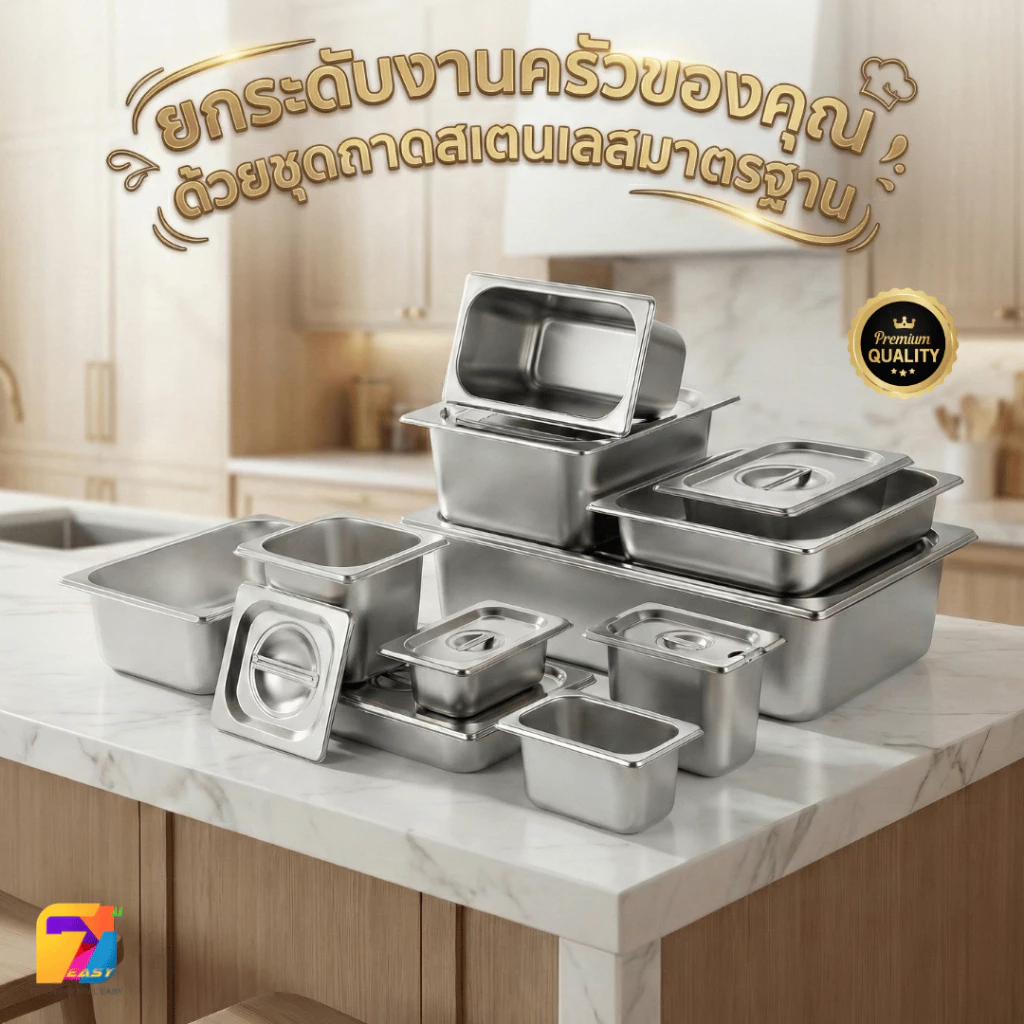ถาดท็อปปิ้ง ถาดหลุมใส่อาหาร อ่างอาหารและฝา(ขายแยก) ถาดสแตนเลสลึก1/1,1/2,1/3,1/4,1/6,1/9 ใส่ท็อปปิ้ง/ไอศครีม/อาหารสด
