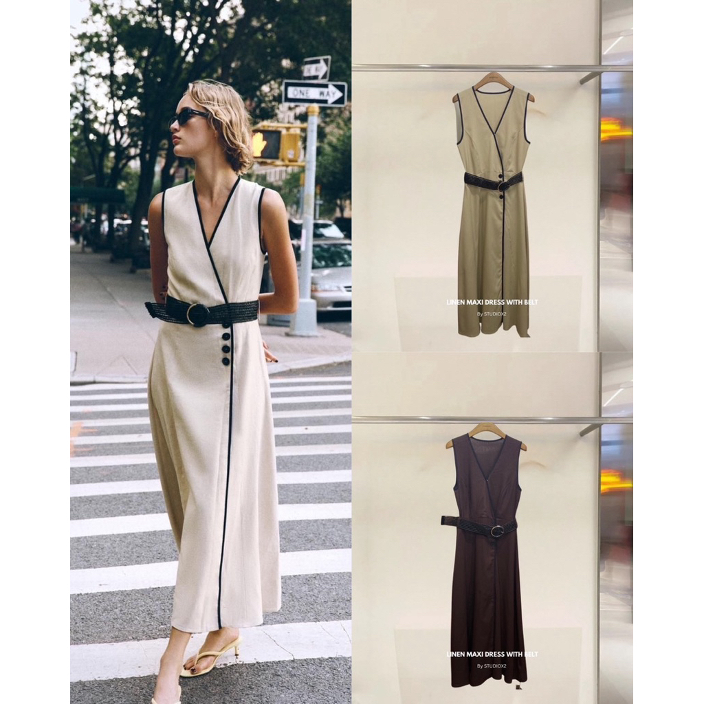 9979🥨🍒New Arrival 🍒🥨 STUDIOX2 LINEN SUMMER DRESS WITH BELT (size 01/02 790฿) เดรสผ้าลินินคอวีกุ้นขอบ
