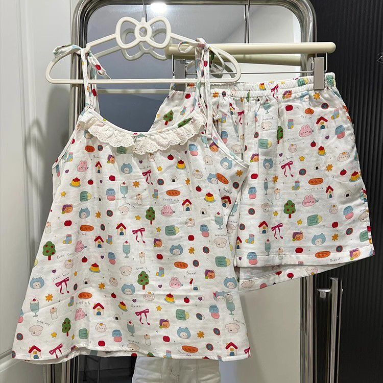 ชุดนอนสายเดี่ยวลวดลายการ์ตูนน่ารักสไตล์ญี่ปุ่น สำหรับผู้หญิงฤดูร้อน ชุดขาสั้นผ้าบาง สไตล์อินสตาแกรม ใส่เป็นชุดบ้านหรือออ