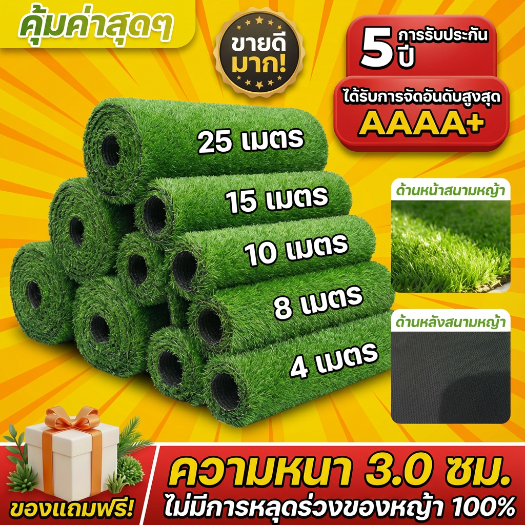 [🛡️รับประกัน 30 ปี] หญ้าเทียม 25 มม. ขนาด 2.5 ม. × 5 ม. ถึง 25 ม. ป้องกันรังสียูวี 5UV หญ้าเทียมราคาถูก