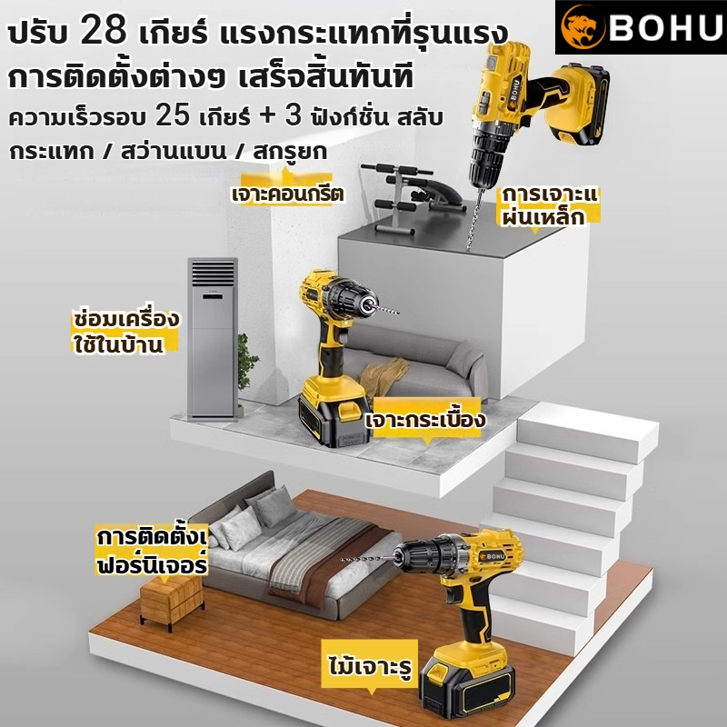 (แพ็ค3ตัว)ชุดสุดคุ้ม BOHU สว่านไร้สาย 3 ระบบ+เครื่องเจียร์ไร้สาย+ สว่านโรตารี่ไร้สาย แบต2ก้อน อุปกรณ์21ชิ้น - รูปที่ 3