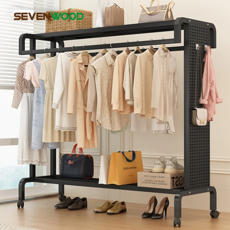 SEVENWOOD ราวตากผ้า ราวแขวนผ้า ที่ตากผ้า ดีไซน์เรียบง่าย พร้อมชั้นวางของ ราวแขวนเสื้ออเนกประสงค์ เก็บเสื้อผ้าในห้อง