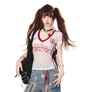 SuSu เสื้อผู้หญิงแขนสั้นคอวี ดีไซน์ลูกไม้บางโปร่ง เข้ารูป สไตล์เกาหลี ใส่สบาย ผ้า FY4776-0