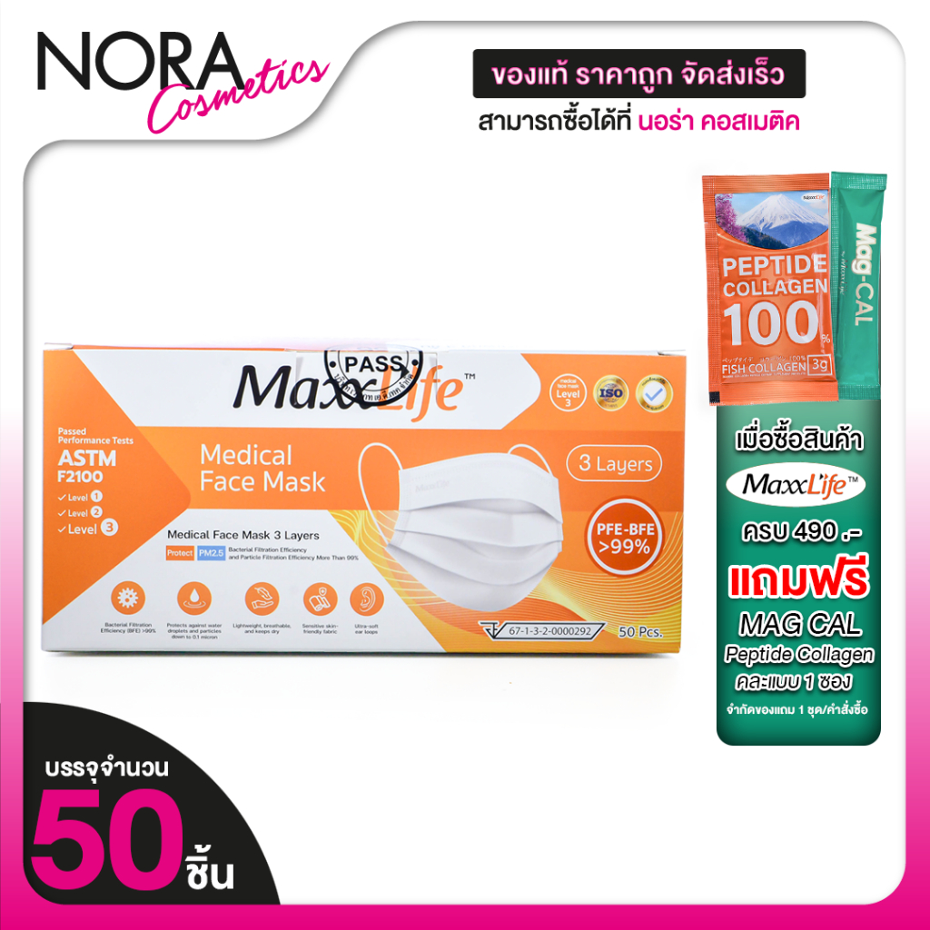 MaxxLife Hygienic Medical Face หน้ากากอนามัย ทางการแพทย์ 3 ชั้น [50 ชิ้น][สินค้ามีให้เลือก 3 สี]