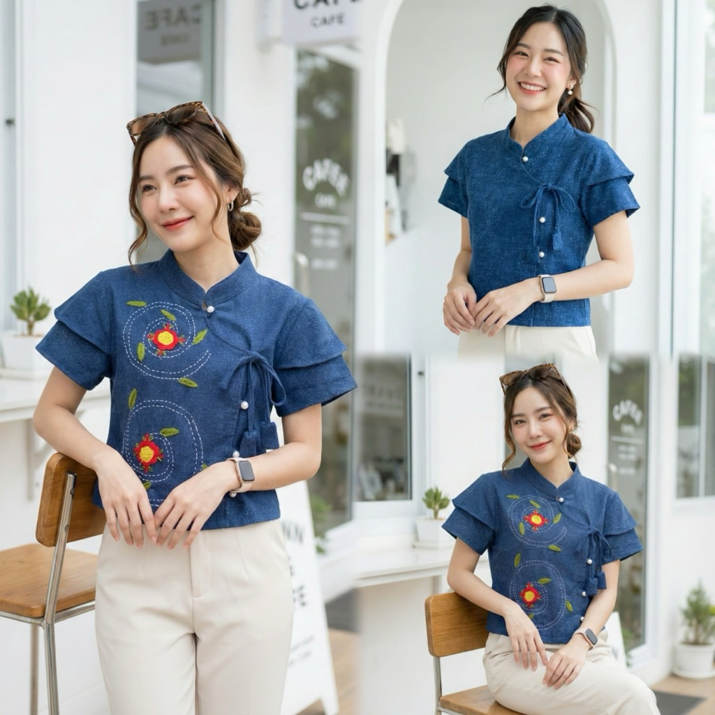 เสื้อพื้นเมืองผู้หญิงคอจีนผูกโบว์แขนสองชั้น ผ้าหม้อฮ่อมสโตน