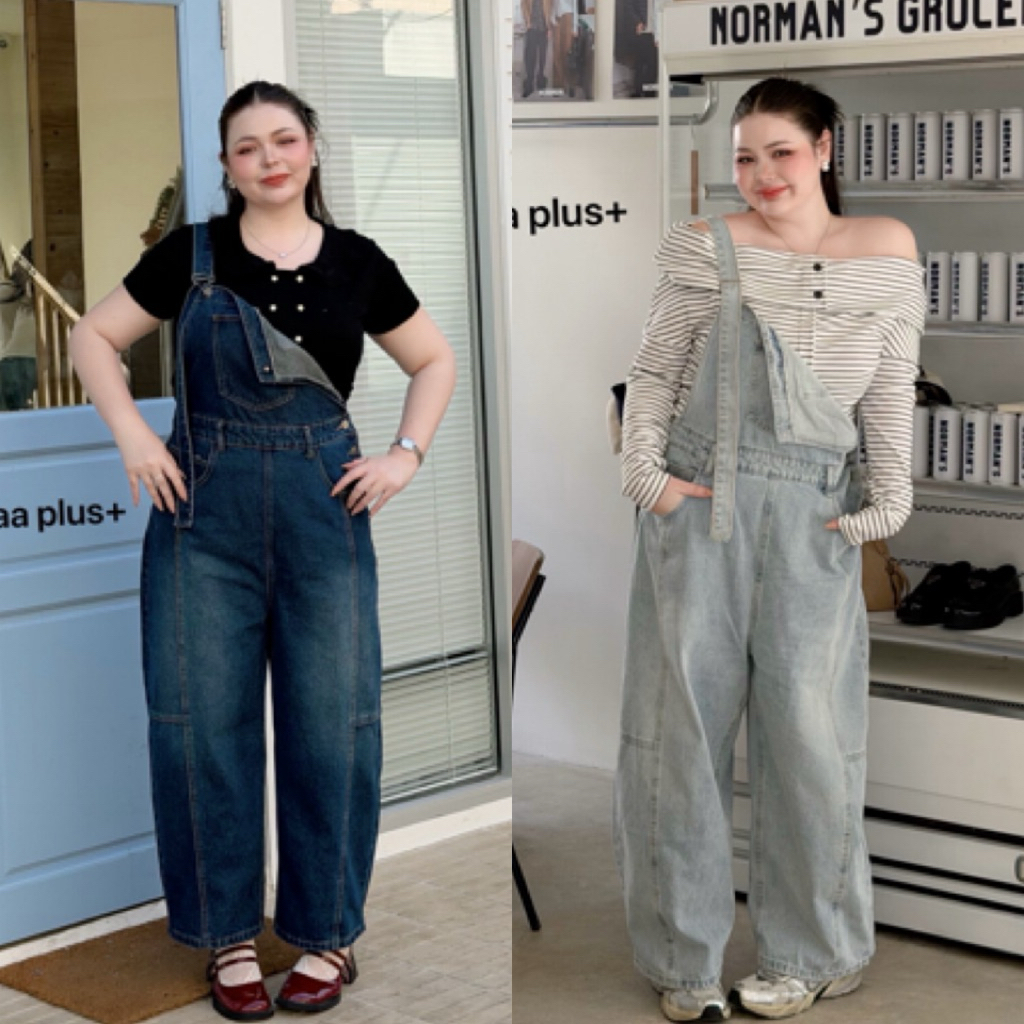 ชุดเอี๊ยมยีนส์ทรงเบสิค ขากระบอกใหญ่พิเศษ buggy jeans งานป้าย Lindaa plus+ พ่นเปื้อน แต่งขาดข้อเท้า
