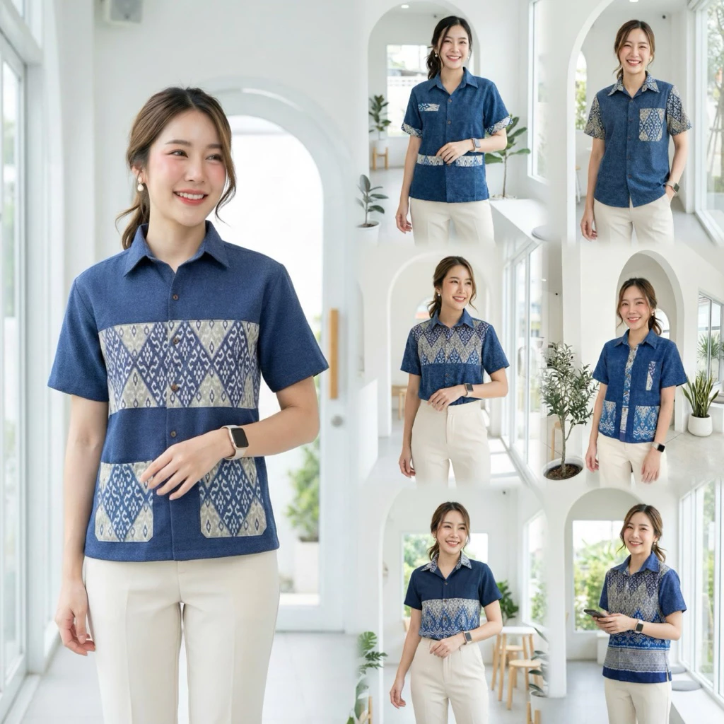 เสื้อพื้นเมืองผู้หญิงคอเชิ้ต ผ้าหม้อฮ่อมสโตน แต่งผ้าลายไทย