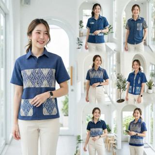 เสื้อพื้นเมืองผู้หญิงคอเชิ้ต ผ้าหม้อฮ่อมสโตน แต่งผ้าลายไทย