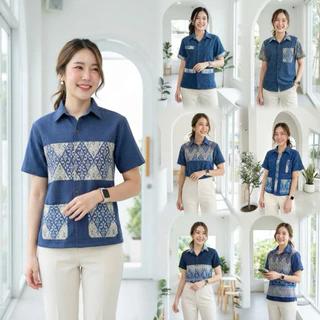 เสื้อพื้นเมืองผู้หญิงคอเชิ้ต ผ้าหม้อฮ่อมสโตน แต่งผ้าลายไทย