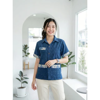 เสื้อพื้นเมืองผู้หญิงคอเชิ้ต ผ้าหม้อฮ่อมสโตน แต่งผ้าลายไทย