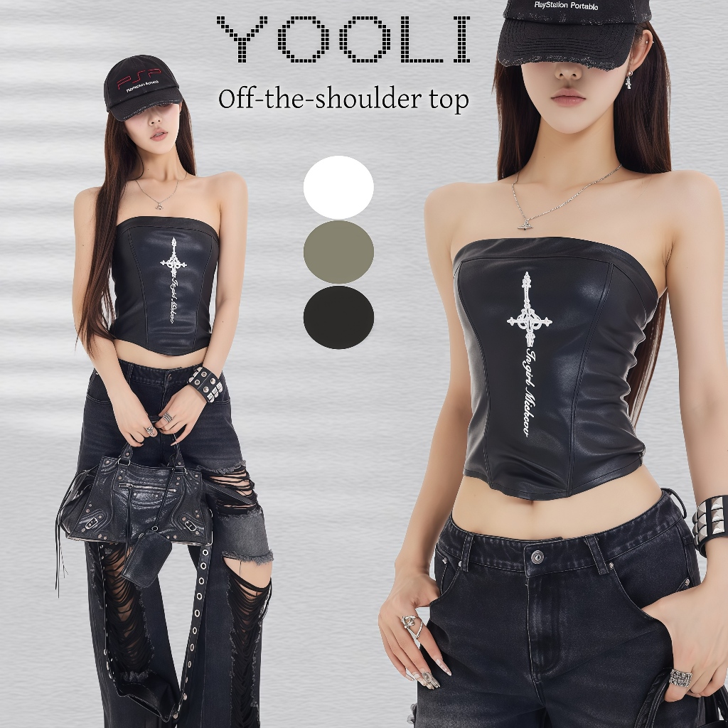 เสื้อเกาะอก ยกกระชับ เสริมฟิงน้ำ ดีเทลผ้าหนังแต่งลายเท่ๆ เสื้อครอปผู้หญิง เซ็กซี่มาก Chinese Shirt