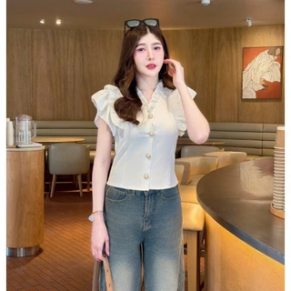 เสื้อแฟชั่น ผ้าครัช คอแต่งระบาย แขนแต่งระบาย กระดุมมุกหน้า ทรงเข้ารูป สวเรียบหรู ใส่ทำงาน ใส่ออกงาน สายคาเฟ่ LG099
