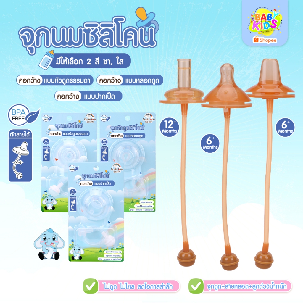 Babykids จุกนมซิลิโคน คอกว้าง ผลิตจากซิลิโคนเกรดอาหาร ยางซิลิโคน หัวดูดธรรมดา แบบปากเป็ด แบบหลอดดูด