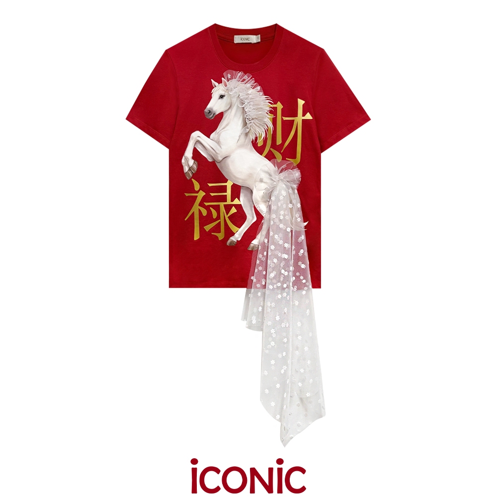iCONiC ROYAL Q HORSE T-SHIRT #20549 เสื้อยืด สีแดง ตรุษจีน พิมพ์ลาย ม้า ปักตกแต่ง