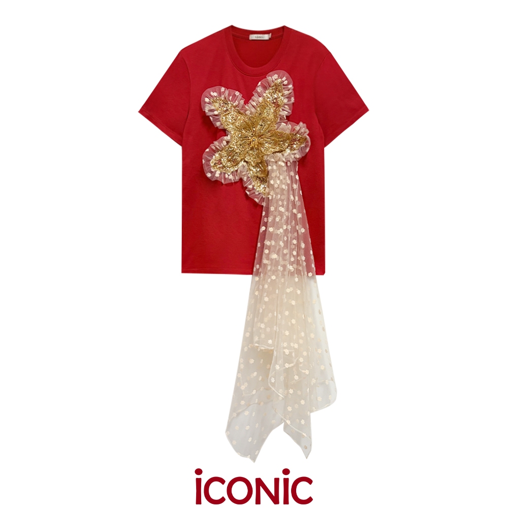 iCONiC AUSPICIOUSE T-SHIRT #20555-7 เสื้อยืด ตรุษจีน ปักตกแต่ง ดอกไม้คริสตัล ผ้าชีฟอง สวยหรู