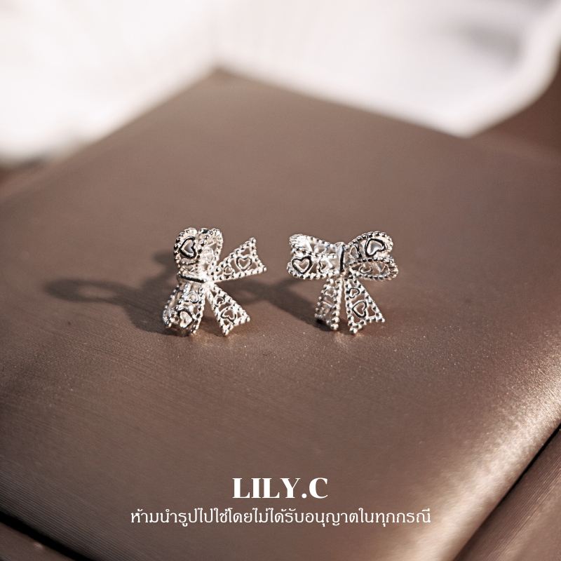 ✅พร้อมส่ง🔥 LILY.C ✨ผ่านการรับรองเงินแท้✨ ต่างหูจิวเงินแท้ S999  รูปโบว์ แบบเกลียวหมุน 1 คู่  S999 Bo