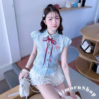 🔥aimorn_shop🔥เชิ้ตคอปก แขนตุ๊กตาลายริ้ว มีเชือกสีแดงผูกโบว์ด้านหน้าให้เก๋ๆ ปักหัวใจเพิ่มกิมมิกน่ารักๆ