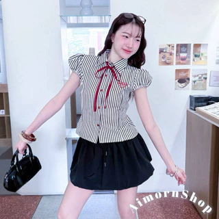🔥aimorn_shop🔥เชิ้ตคอปก แขนตุ๊กตาลายริ้ว มีเชือกสีแดงผูกโบว์ด้านหน้าให้เก๋ๆ ปักหัวใจเพิ่มกิมมิกน่ารักๆ