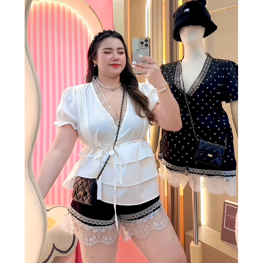 🩷เสื้อคอวีลูกไม้ขนมชั้น🩷 #เสื้อผ้าสาวอวบ