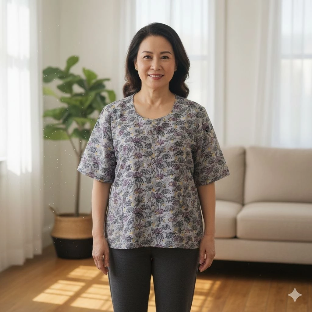 เสื้อคอกระเช้าลายดอก Size L อก 44 ยาว 20 แขนสั้น ผ่าหน้ากระดุม มีกระเป๋า thumbnail 5