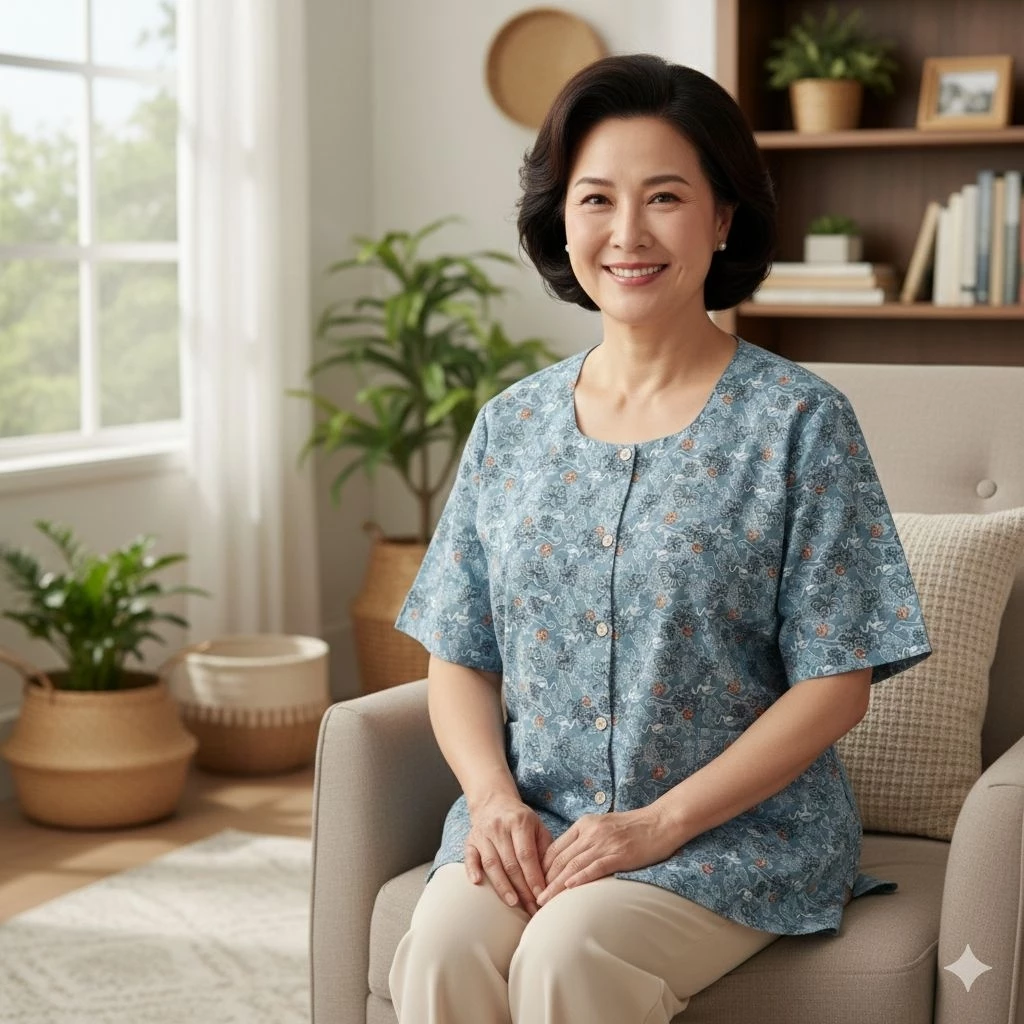 เสื้อคอกระเช้าลายดอก Size L อก 44 ยาว 20 แขนสั้น ผ่าหน้ากระดุม มีกระเป๋า thumbnail 4
