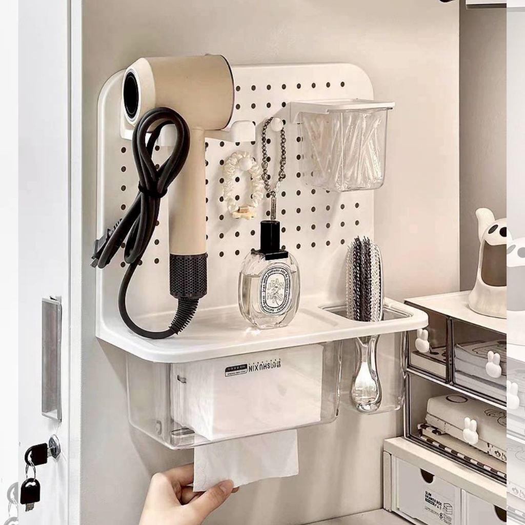 ชั้นวางไดร์ ที่แขวนไดร์ ติดผนัง แบบ 3IN1 ใส่ทิชชู่ วางไดร์เป่าผม วางของอเนกประสงค์ได้ ไม่ต้องเจาะผนัง🍒ชุดสุดคุ้ม🍒
