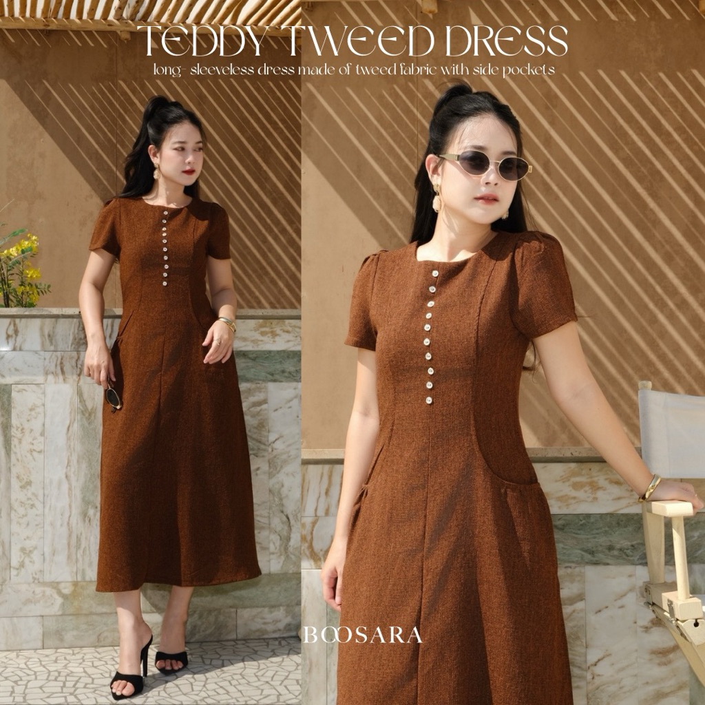 BOOSARA :   Teddy Tweed dress ชุดเดรสกระโปรงมีแขน (มีซับใน)ใส่ออกงาน ทำงานได้หรือจะใส่ Summer ก็น่ารัก - BSR C.