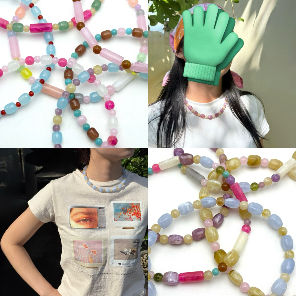 Piing me Necklace | สร้อยคอลูกปัดหินเทียมทรงสี่เหลี่ยมพื้นผ้าสลับลูกปัดหินเทียมทรงกลม