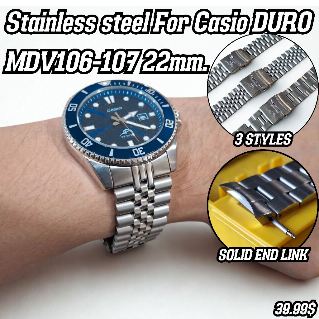 สายนาฬิกาสำหรับ CASIO DURO 200 MDV-106 MDV-107 ขนาด22มิล  ฟรีSpring Bar watch band duro200 mdv