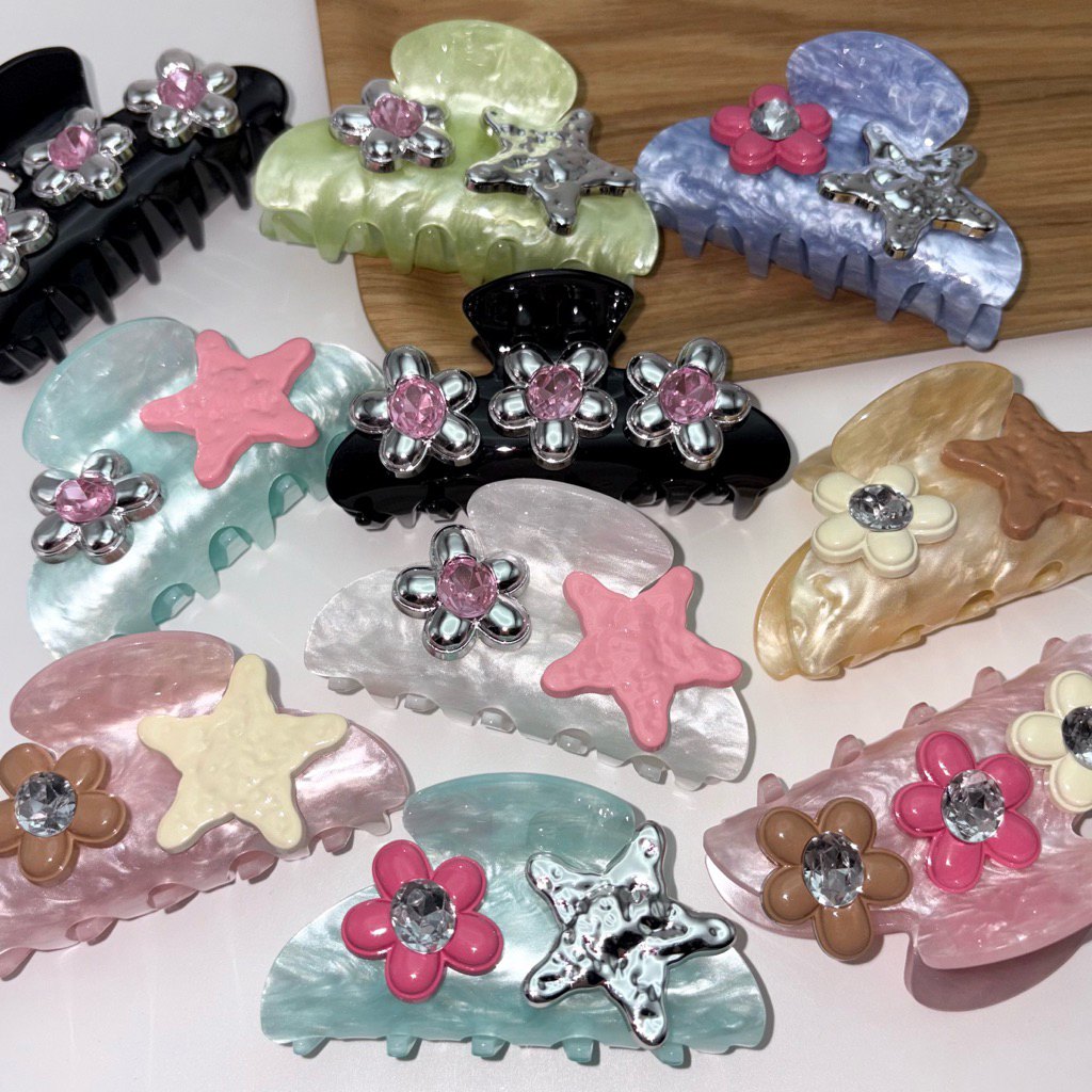 Piing me Hair Claw | กิ๊บหนีบผมสีพื้นลายหินอ่อนตกแต่งลายดอกไม้และดาวและเงิน (พร้อมส่ง) - รูปที่ 2