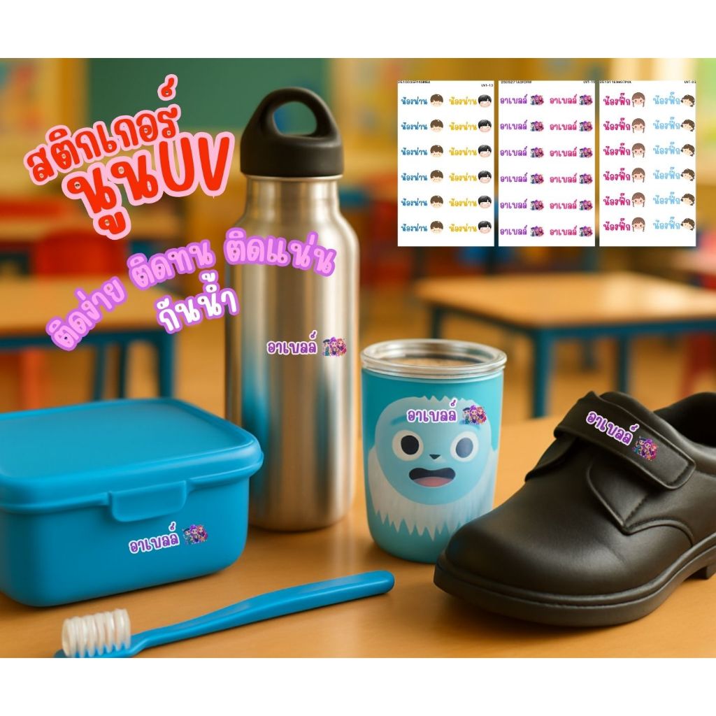 สติกเกอร์นูนUV สติกเกอร์ชื่อลูก ลอกแล้วแปะ ไม่ต้องรีด กันน้ำ ติดทน (มีการ์ตูน)
